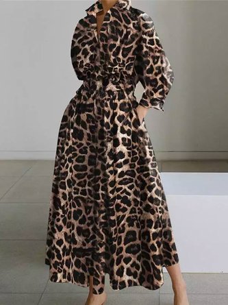 Täglich Langarm Hemdkragen Urban Leopard Kleid