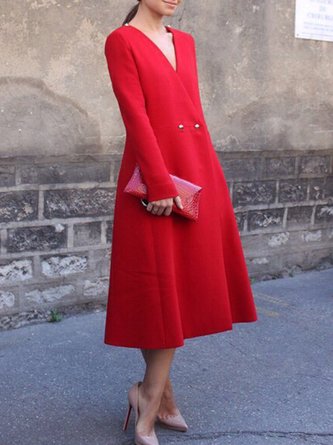 Elegant Unifarben V-Ausschnitt  Geknöpft Langarm Kleid