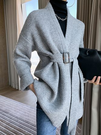 Hohe Elastizität Weit V-Ausschnitt Langarm Pullover Mantel