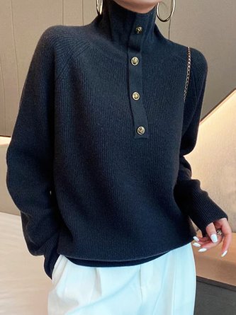 Urban Rollkragen Geknöpft Unifarben Pullover