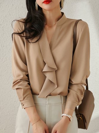 Elegant Unifarben V-Ausschnitt Volant Bluse