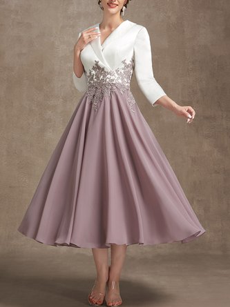 Farbblock Regelmäßige Passform Elegant 3/4 Ärmel Ärmel Party Kleid