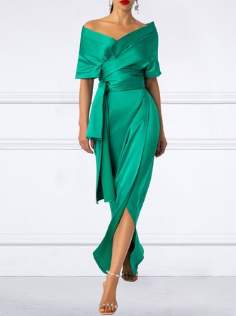 Unifarben Elegant V-Ausschnitt Regelmäßige Passform  Split  Kleid