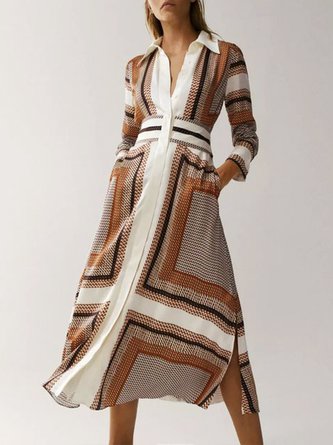 Midi Elegant Regelmäßige Passform Hemdkragen Kariert Kleid