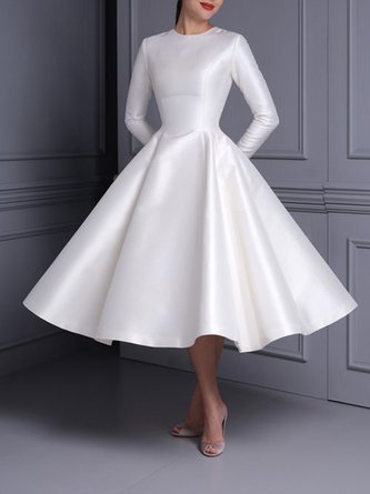 Langarm Satin Unifarben Regelmäßige Passform Elegant Kleid