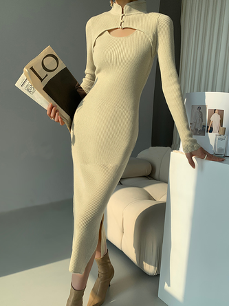 Wolle/Stricken Elegant Stehkragen Regelmäßige Passform Kleid