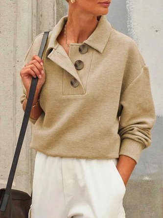 Unifarben Urban Polo Ausschnitt Geknöpft Sweatshirt