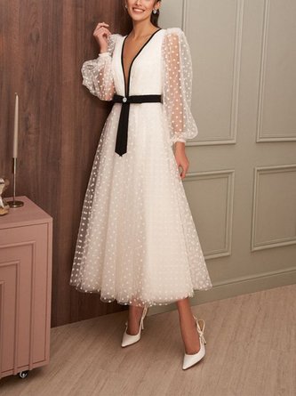 V-Ausschnitt Regelmäßige Passform Unifarben Elegant Midi Keine Elastizität Polyester Kleid