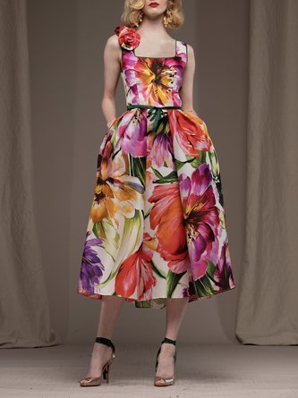 Geblümt Elegant Regelmäßige Passform Karree-Ausschnitt Kleid
