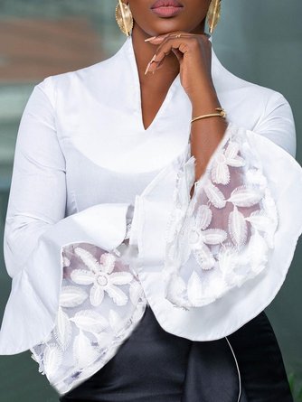 Elegant V-Ausschnitt Nahtverarbeitung Spitzenrand Unifarben Bluse