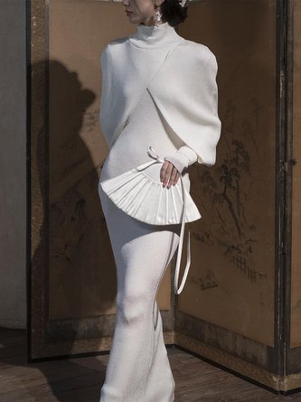 Regelmäßige Passform Elegant Rollkragen Pullover Maxikleid Mit Nein Gürtel