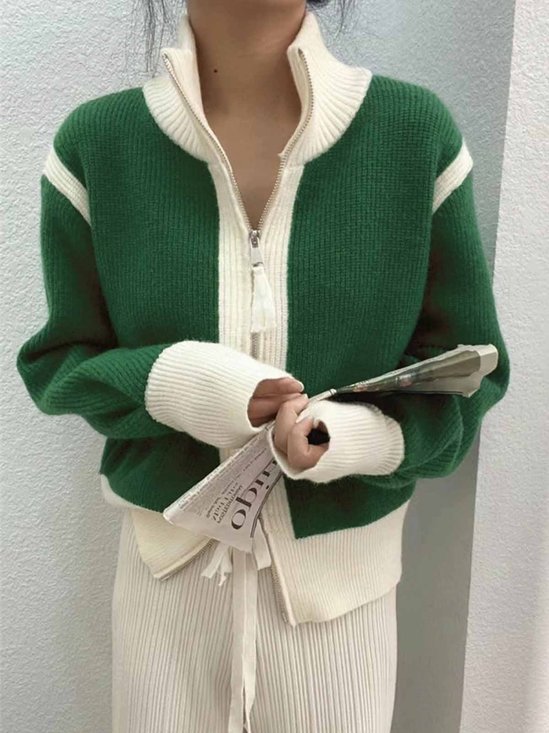 Einfach Bequem Elegant Strickjacke Pullover Weiß Grün Farbblock Normale Passform