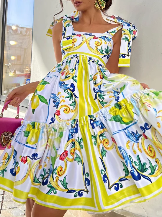 Karree-Ausschnitt Regelmäßige Passform Urlaub Print Kleid