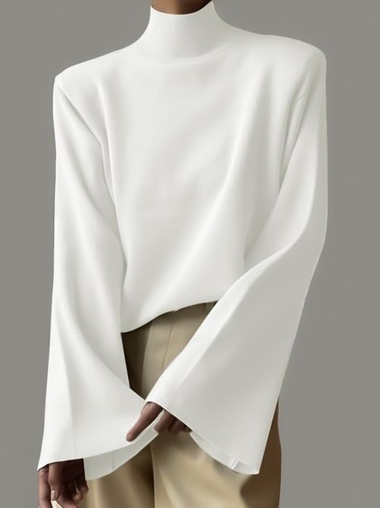 Urban Schick Elegant Lässig Einfarbig Weiß Shirt/Bluse Halber Rollkragen Ausgestellte Ärmel