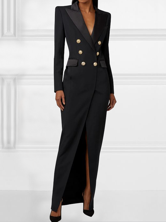 Schick Elegant Schwarz Anzugkleid mit Revers Langarm Einfarbig Regelmäßige Passform
