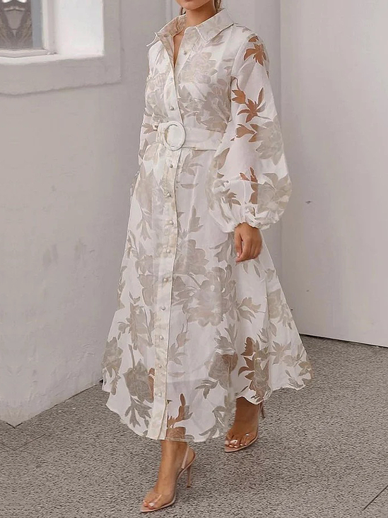Regelmäßige Passform Elegant Geblümt Hemdkragen Langarm Regelmäßige Passform Kleid mit Gürtel