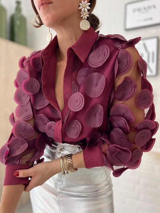 Hemdkragen Urban Unifarben 3D Geblümt  Regelmäßige Passform Bluse