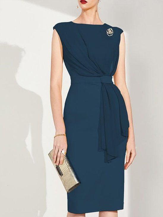 Elegant Regelmäßige Passform Unifarben Rundhals Kleid mit Brosche
