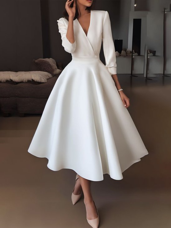 Unifarben Elegant Regelmäßige Passform V-Ausschnitt Kleid