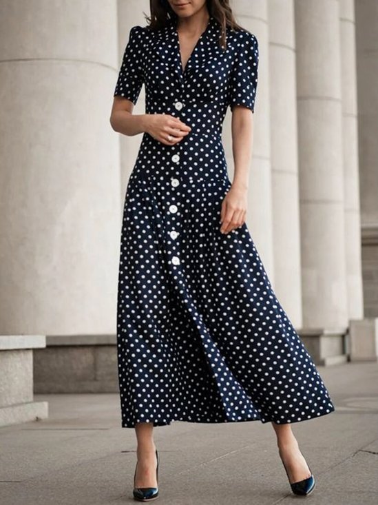 Elegant Regelmäßige Passform V-Ausschnitt Geknöpft Polka Dots Kleid