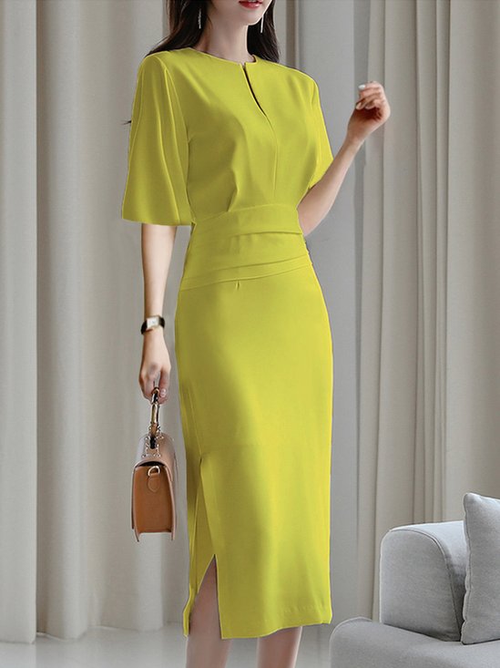 Halbarm V-Ausschnitt Unifarben Regelmäßige Passform Elegant Kleid