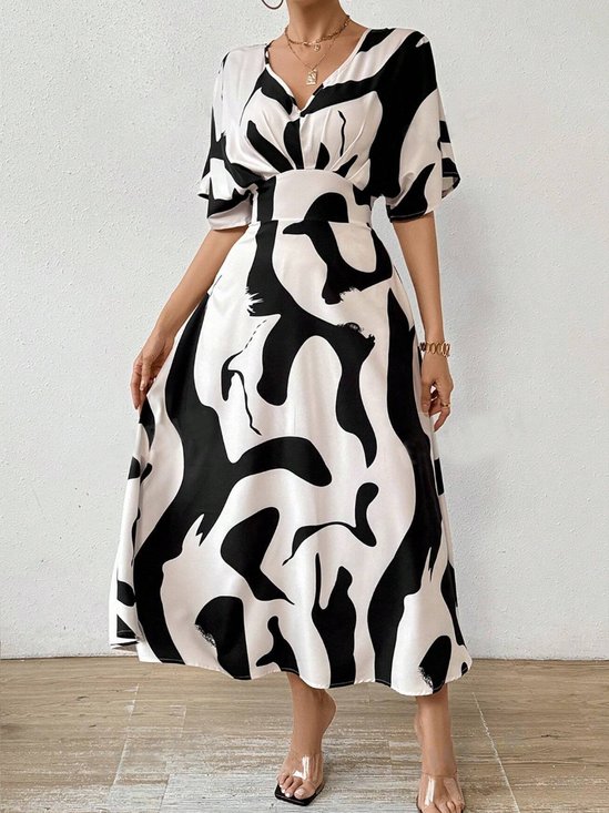 Elegant V-Ausschnitt Abstrakt Kurzarm Kleid