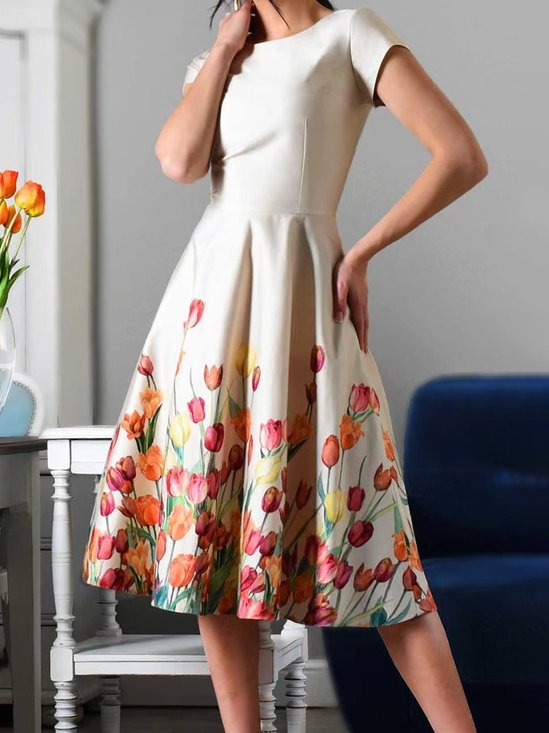 Rundhals Elegant Regelmäßige Passform Geblümt Kleid