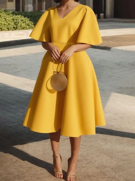 Elegant Regelmäßige Passform Unifarben V-Ausschnitt Kleid