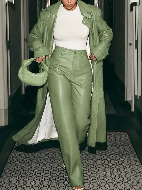 Urban Unifarben Locker Reverskragen Kunstleder Mantel