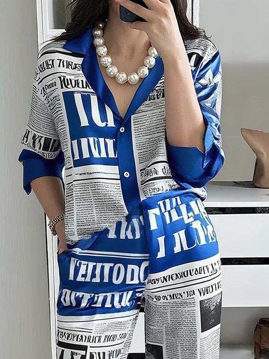 Lässig Buchstabenmuster Print Hemdkragen Raglan Ärmel Bluse