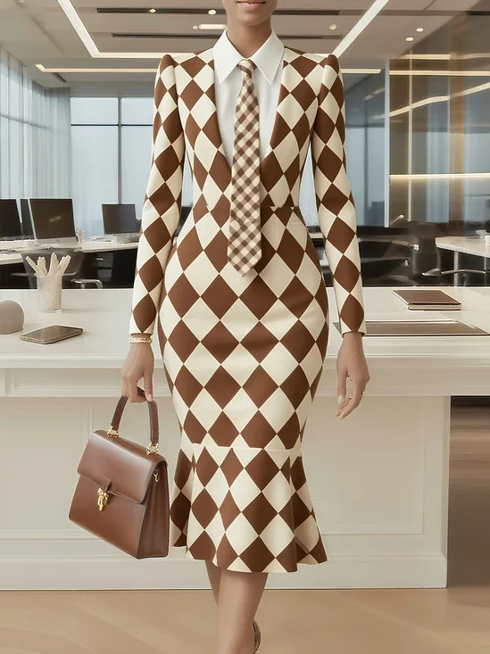 Urban Unifarben Geknöpft Hemdkragen Midikleid Mit Krawatte