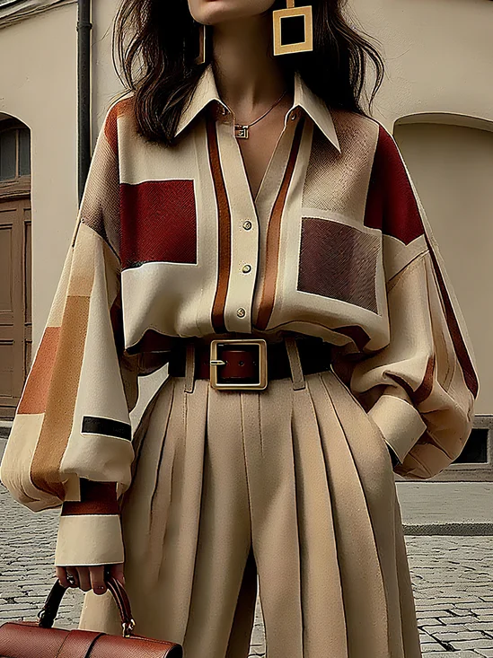 Urban Kariert Schnalle Ballon-Ärmel Bluse