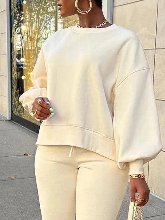 Lässig Unifarben Rundhals Ballon-Ärmel Sweatshirt