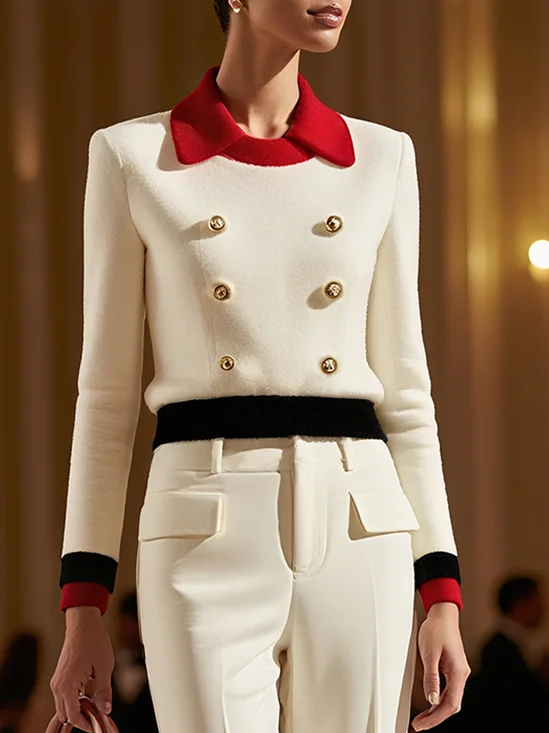 Elegant Farbblock Geknöpft Schalkragen Normale Ärmel Bluse