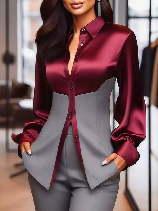 Satin Urban Farbblock Nahtverarbeitung Bluse