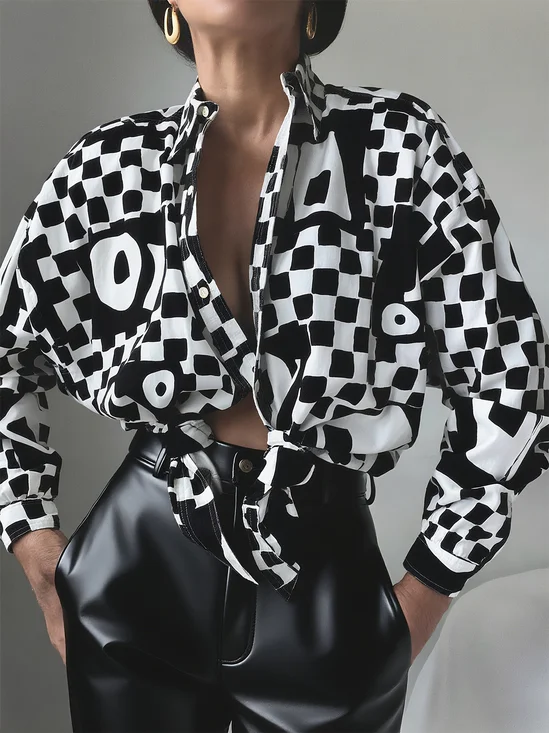 Lässig Kariert Print Hemdkragen Bluse