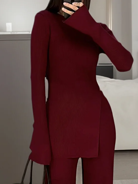 Jersey Lässig Unifarben Seitenschlitz Rundhals T-Shirt