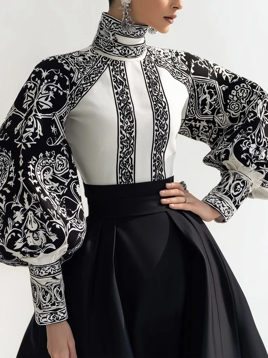 Urban Zufälliger Druck Print Rollkragen Ballon-Ärmel Bluse