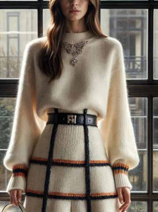 Lässig Farbblock Mock Neck Ballon-Ärmel Pullover