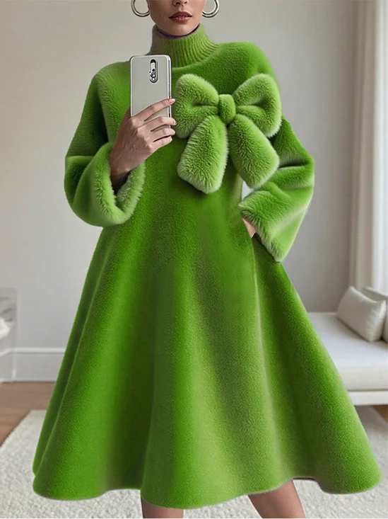 Lässig Unifarben Rollkragen Knielänge Kleid mit Schleife Brosche