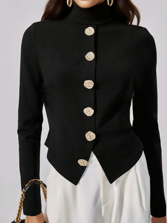 Jersey Urban Unifarben Geknöpft Rollkragen T-Shirt