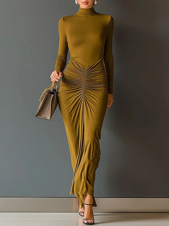 Urban Unifarben Gerüscht Stehkragen Maxikleid