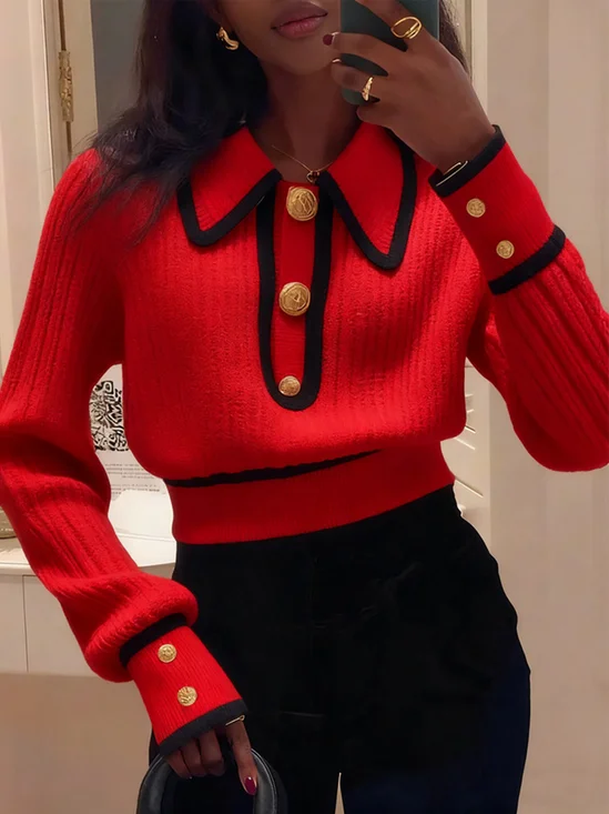 Elegant Farbblock Geknöpft Schalkragen Pullover