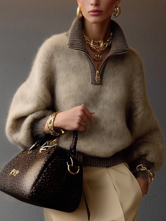 Lässig Unifarben Reißverschluss Mock Neck Raglanärmel Pullover