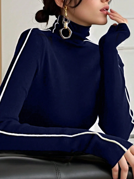 Gestrickt Urban Farbblock Nahtverarbeitung Rollkragen T-Shirt