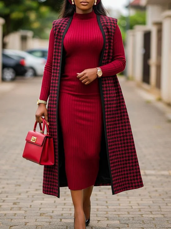 Urban Hahnentritt Ärmellos Pullover Strickjacke