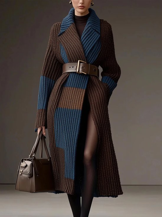 Lässig Farbblock Reverskragen Pullover Strickjacke mit Gürtel