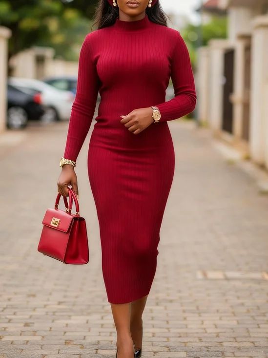 Urban Unifarben Stehkragen Strickkleid