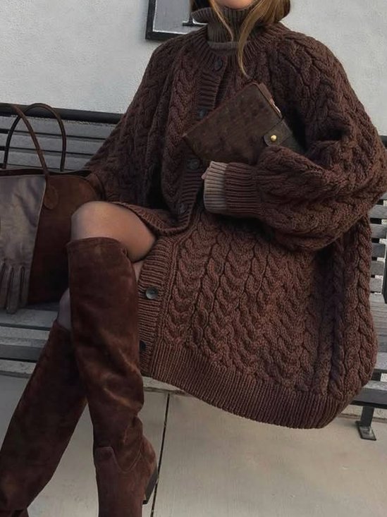 Lässig Unifarben Geknöpft Strickjacke
