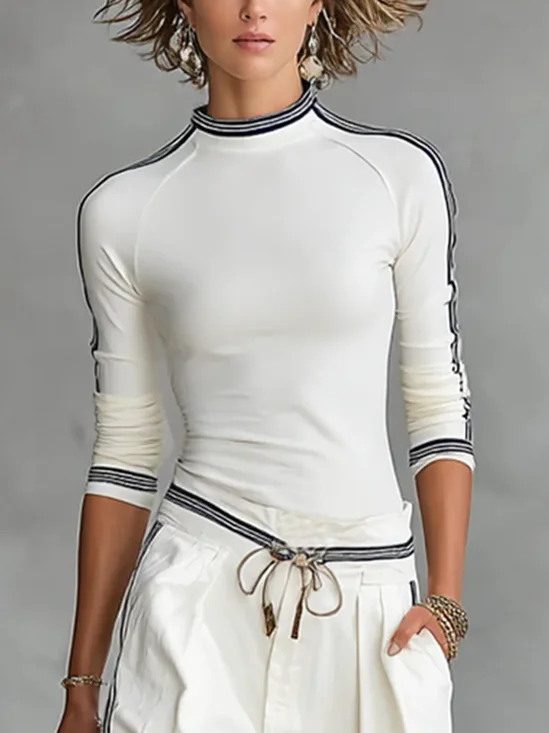 Baumwolle Lässig Farbblock Mock Neck T-Shirt